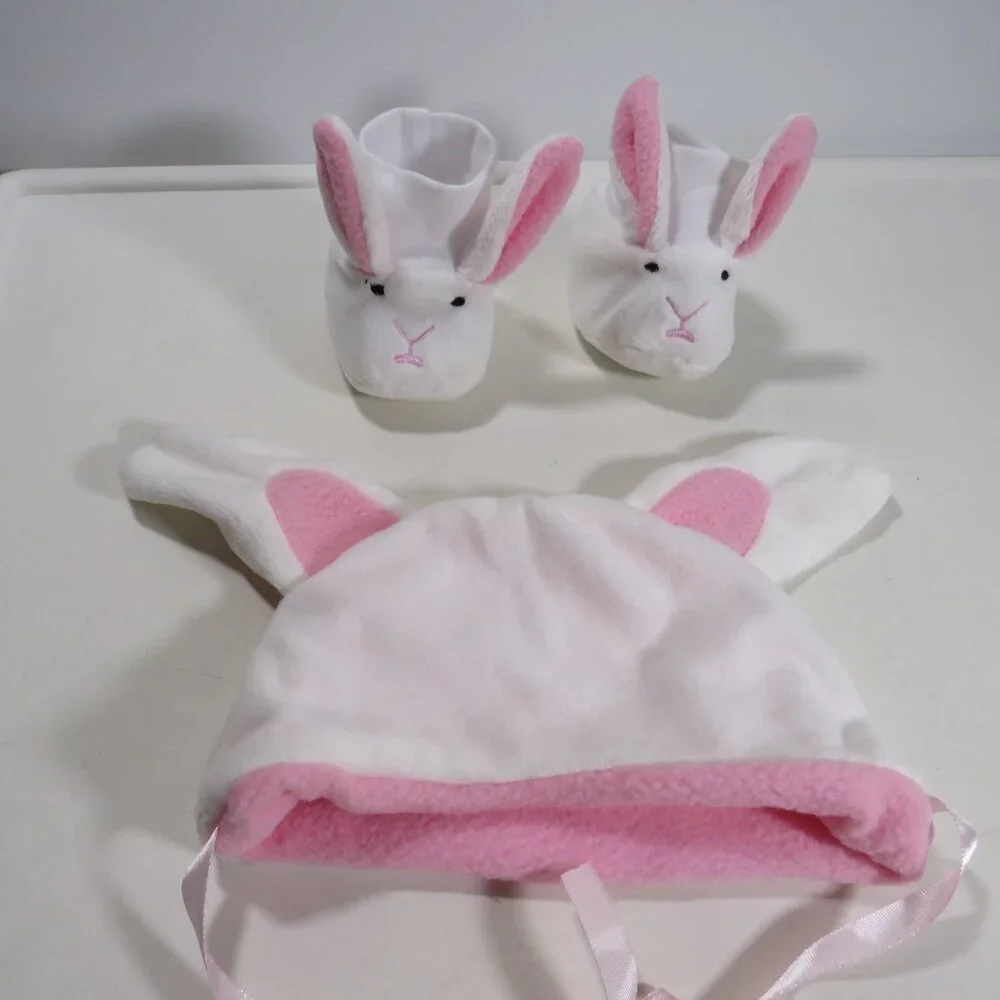 Baby Rabbit Bunny Infant Cap Hat & Bunny Slippers (almost a costume) Easter